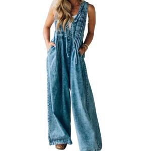BIBI DENIM ACID WASH PINTUCK WIDELEG JUMPSUIT LARGE